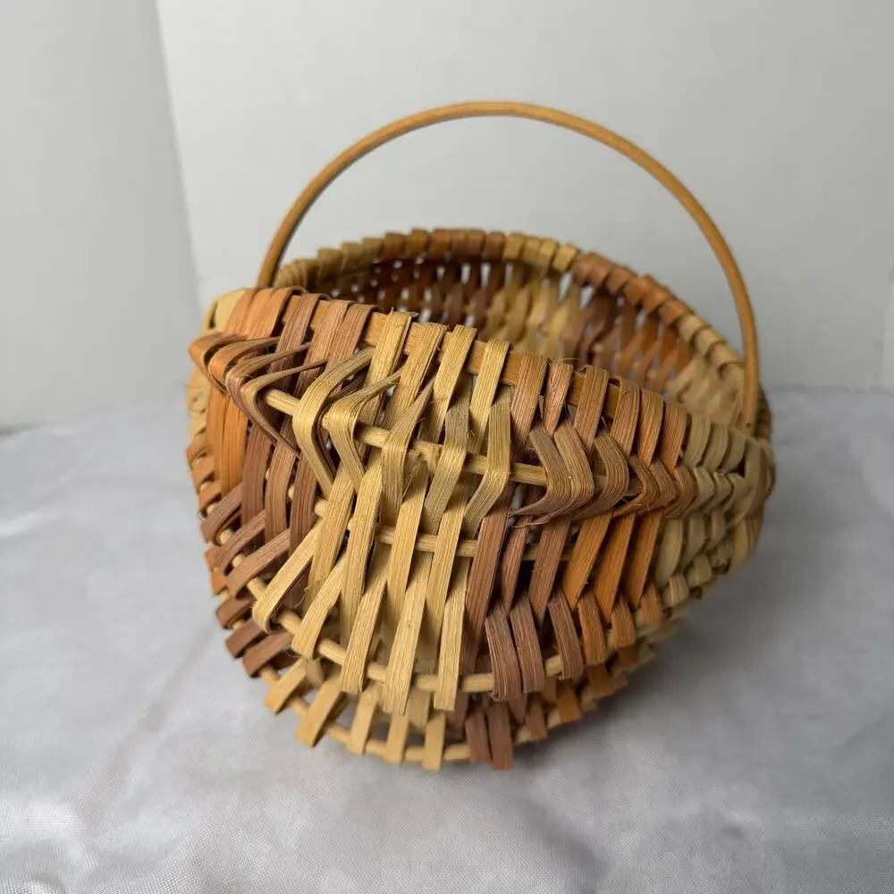 Handwoven Star Base Flat Reed Basket Two Tone Open Weave Bentwood Handle Artisan